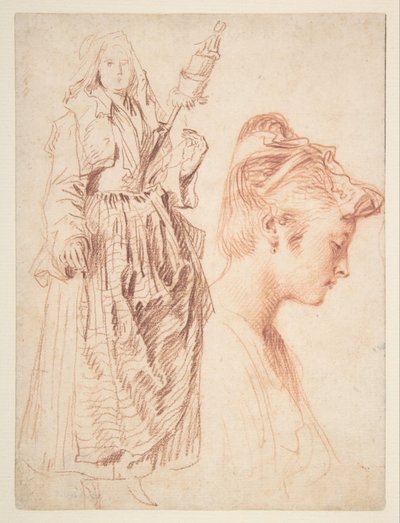 Stehende Frau mit Spindel und Kopf einer Frau im Profil nach rechts von Jean Antoine Watteau